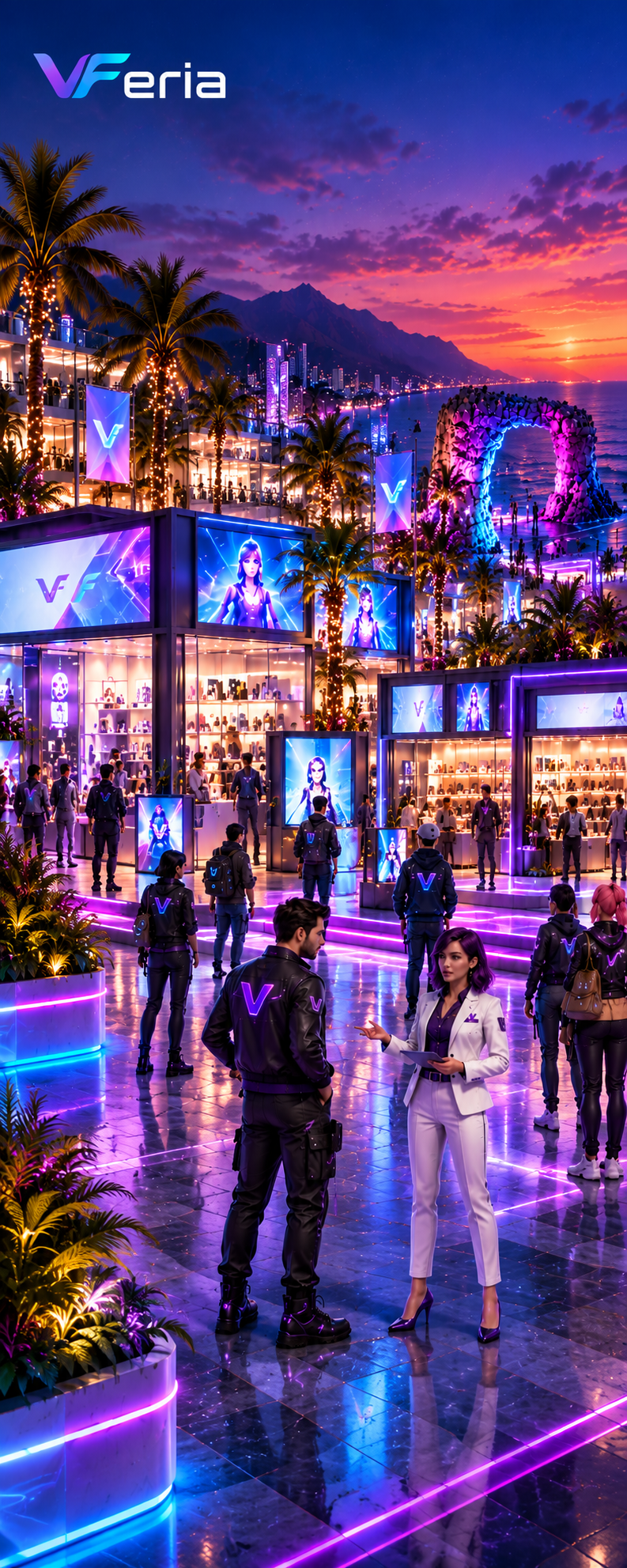 Vista nocturna de un centro comercial virtual